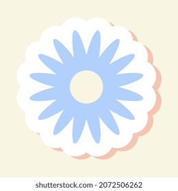 Hippie sticker concept. Colorful icon with blue flower. Blooming field plant with petals. Design element for social networks, applications and websites. Cartoon modern flat vector illustration
