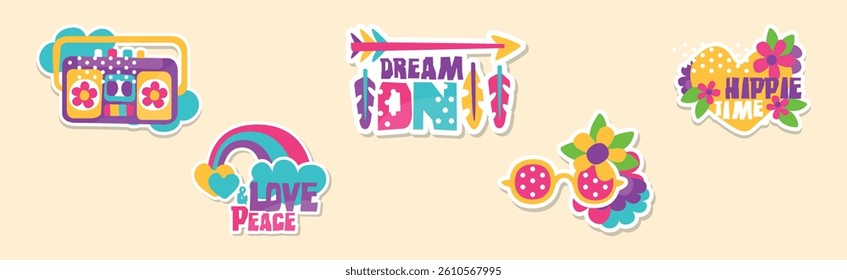 Hippie Sticker and Retro Patches Colorful Vector Set