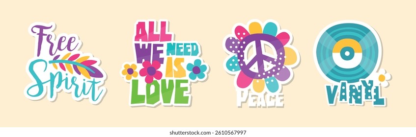 Hippie Sticker and Retro Patches Colorful Vector Set