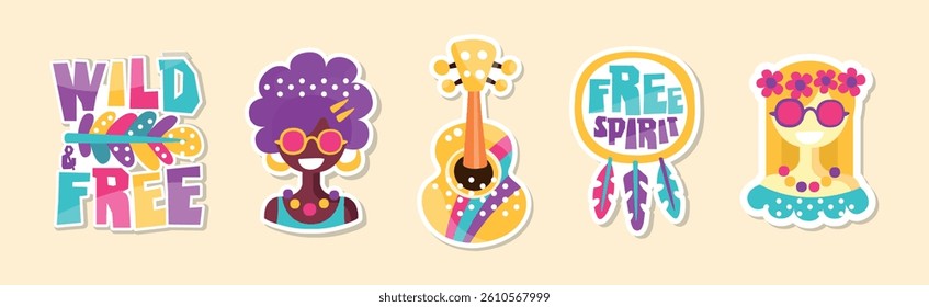 Hippie Sticker and Retro Patches Colorful Vector Set