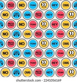 Patrón de emoticones hippie sin fisuras para el diseño textil de fondo y en el hogar. Impresión de color sobre fondo blanco