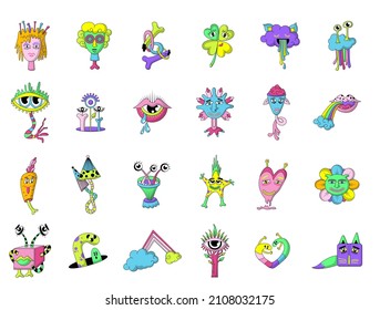 Hippie stickers are elements of a psychedelic groove. Cartoon modern funny mushrooms, eye, rainbow, set of elements. editable stroke. Abstract design of cartoon stickers. Trend vector illustration