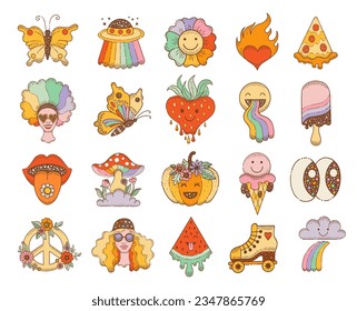 Hippie stickers. Groovy icons with peace sign, flower, mushroom, smile, ufo. Retro boho 70s clipart. Doodle emoji graphic. Hippy element. Funky logo, tattoo, music cute psychedelic vector. Groovy art