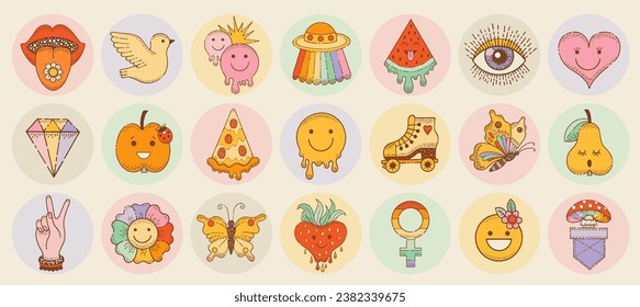 Hippie stickers. Groovy icons with peace sign, flower, mushroom, smile, ufo. Retro boho 70s clipart. Doodle emoji graphic. Hippy element. Funky logo, tattoo, music cute psychedelic vector. Groovy art