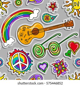 Hippie stickers - seamless pattern. Hand drawn cartoon symbols of hippy