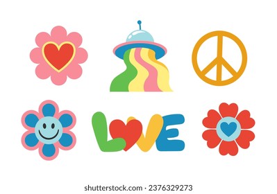Hippie stickers set. Retro style, back to 80s and 90s. Peace sign, ufo and love inscription. Graphic elements for website. Cartoon flat vector collection isolated on white background