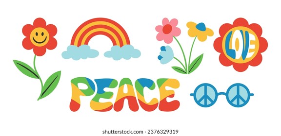 Hippie stickers set. Retro style, back to 80s and 90s. Flower, rainbow and peace inscription. Graphic elements for website. Cartoon flat vector collection isolated on white background