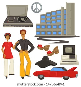 Hippie style or 1970s fashion, architecture and epoch symbols, man and woman vector. Retro music player with vinyl disc, building and pacific sign. Clog shoes and hat, vintage sport car and computer