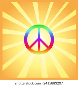 1960’s or 1970’s Hippie Style Art Poster with yellow sunburst and multicolored peace sign