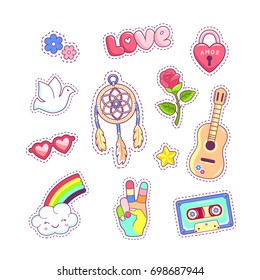 Hippie style badges patches and stickers with dreamcatcher guitar rainbow and dove