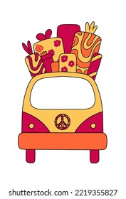 Hippie style car with presents. Vector illustration. Retro 1960s, 80s, 70s. Greeting card Christmas and New Year