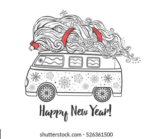 Hippie style car with tree. Ornamental retro background, color vector illustration. Retro 1960s, 80s, 70s. Greeting card Christmas and New Year 