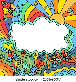 Hippie style cloud frame in ethnic style with rainbow, sun, stars and flowers. Vivid color vector illustration.
