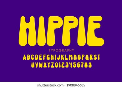 Hippie style font design, 1960s alphabet letters and numbers vector illustration