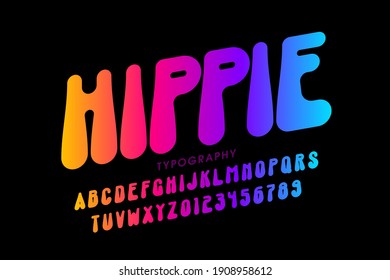 Hippie style font design, 1960s alphabet letters and numbers vector illustration