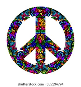 Hippie style. Groovy Ornamental of colorful retro peace sign 60s, 70s. Vector illustration 