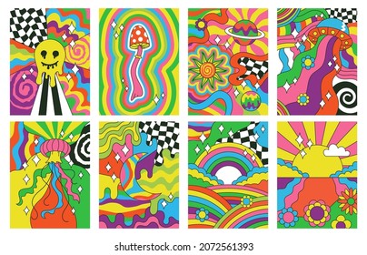 Hippie-Stil, Groovy-Vibes Retro-Psychedelic-Kunst-Plakate. Abstrakter Regenbogen, Sonne, Blumenstempel, Vektorgrafik-Set. Psychedelisches Retro-Retro. Psychedelisches Vintage-Poster, Hippie-Retro-Kunst entwerfen