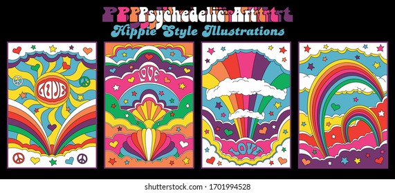 Ilustraciones de estilo hippie Carteles de arte psicodélico, amor, estrellas, nubes, corazones, símbolos de paz