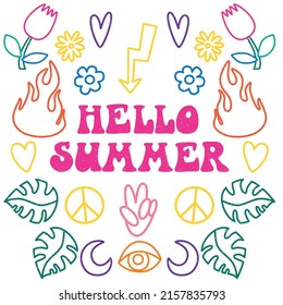 Hippie style lettering with hippie elements Hello Summer Vector illustration	