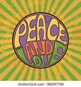 Hippie style. Ornamental retro background Love and Music with hand-written fonts hand-drawn doodle background and textures Hippy color vector illustration. Retro 1960s, 60s, 70s. We love hitchhiking! 
