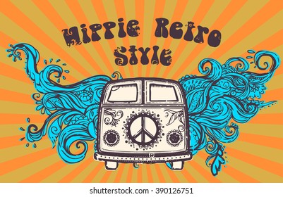 Hippie style. Ornamental retro background Love and Music with hand-written fonts hand-drawn doodle background and textures Hippy color vector illustration. Retro 1960s, 60s, 70s. We love hitchhiking! 