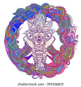 Hippie style. Ornamental retro background Love and Music with hand-written fonts hand-drawn doodle background and textures Hippy color vector illustration. Retro 1960s, 60s, 70s. Elephant ornate