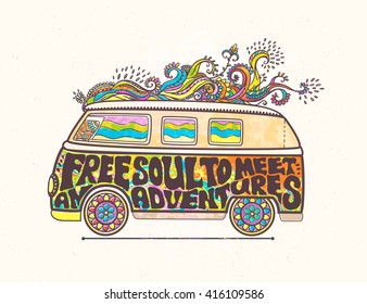 Hippie style. Ornamental retro background Love and Music with hand-written fonts hand-drawn doodle background and textures Hippy color vector illustration. Retro 1960s, 60s, 70s. We love hitchhiking! 