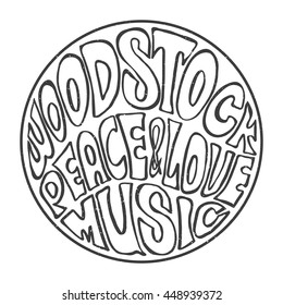 Hippie style. Ornamental retro background Love and Music with hand-written fonts hand-drawn doodle background and textures Hippy color vector illustration. Retro 1960s, 60s, 70s. We love hitchhiking!
