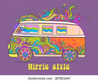 Hippie style. Ornamental vintage background. Love and Music with hand-written fonts, hand-drawn doodle background and textures. vector illustration. Woodstock Music and Art Fair. We love hitchhiking!