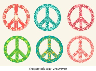 Hippie style. Ornamental watercolor background. Love and Music with hand-written fonts, hand-drawn doodle background and textures. vector illustration. International Day of Peace