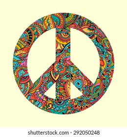 Hippie style. Ornamental watercolor background. Love and Music with hand-written fonts, hand-drawn doodle background and textures. vector illustration.  International Day of Peace