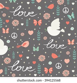  Hippie style pattern. Love and peace. Seamless pattern. All elements are  hidden under mask. Pattern are not cropped and can be edited. Cute vector illustration. 
