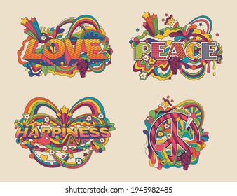 Estilo hippie Ilustraciones de arte psicodélico, amor, paz y felicidad 