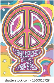 Hippie Style Psychedelic Art Lettering, Peace Symbol, Quote, 1960s Font Stylization 