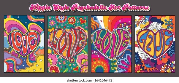 Hippie Style Psychedelic Art Patterns, Backgrounds from the  1960s, 1970s