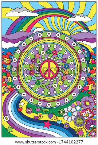 Hippie Style Psychedelic Art Poster, Floral Background, Abstract Pattern, Peace Symbol 1960s Style 