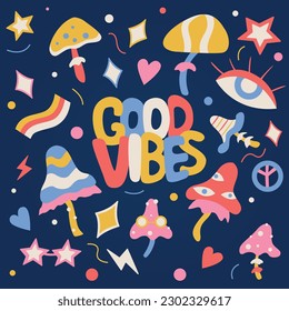 hippie style stickers, good vibe, vector graphics, vintage stickers