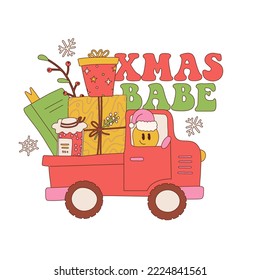 Hippie style truck with pile of winter cozy gifts. Sliming emoji driving vehicle with presents. Vector isolated illustration. Retro 1960s, 80s, 70s. Christmas, New Year Greeting card. Xmas babe text