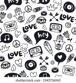 hippie style vector line art hand drawn seamless pattern. Black and white. For wrapping paper, textile print, wallpaper.