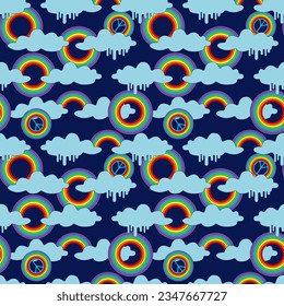 hippie style vector seamless pattern with psychedelic clouds, rainbow circles and pacific symbols