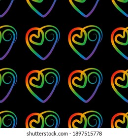 Hippie style.Pattern of rainbow hearts on a black background. Bright swirls in the shape of a heart rainbow symbol of love. Background of hearts for Valentine's Day.