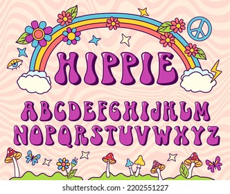 Hippie Stylized Font. Groovy Alphabet, Seventies Letters For Nostatgic Lettering Design. Retro Vector Typeface And Typography Alphabet, Type Graphic And Typeface Illustration