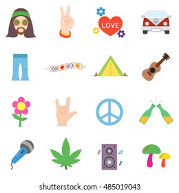 hippie subculture flat icons collection. isolated symbols