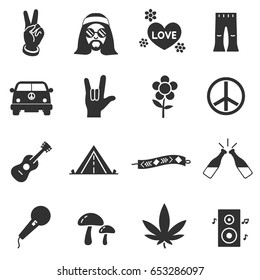 Hippie subculture, monochrome icons set.