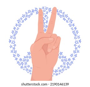 Hippie subculture semi flat color vector hand gesture. Editable pose. Human body part on white. Peaceful symbol cartoon style illustration for web graphic design, animation, sticker pack