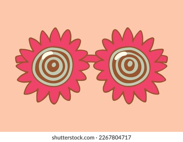 Hippie sunglass in retro color. glasses in 1970 style for stickers, posters and postcards. Illustration 70s isolated pink background. Vector illustration
