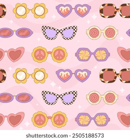 Hippie sunglasses. Decorative fashion hippie accessories, trendy retro style eyewear. Stylish fabric print, wrapping wallpaper design, racy vector background