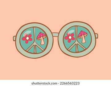 Hippie Sunglasses with peace sign flower and fly agaric. vector colorful illustration. Sticker, patch, t-shirt print, logo design. Clipart. Vector illustration