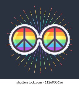 Hippie Sunglasses With Rainbow Lenses And Peace Sign. Gay Pride. LGBT Concept, Vector Colorful Illustration. Sticker, Patch, T-shirt Print, Logo Design.