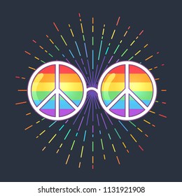 Hippie Sunglasses with Rainbow lenses and peace sign. Gay Pride. LGBT concept, vector colorful illustration. Sticker, patch, t-shirt print, logo design.